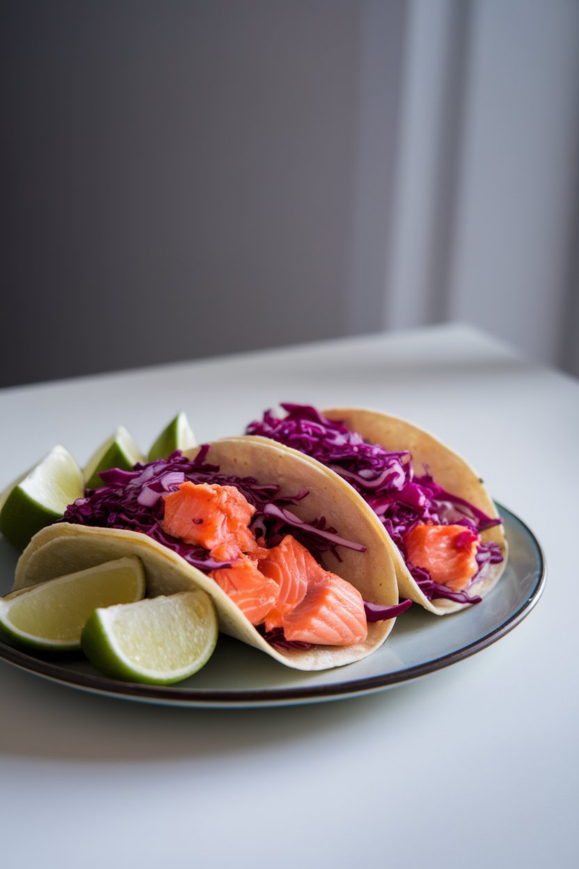 Photo of indoor plate holding tacos made with cooked salmon flakes and purple cabbage slaw, garnished with lime wedges. No branding in shot.