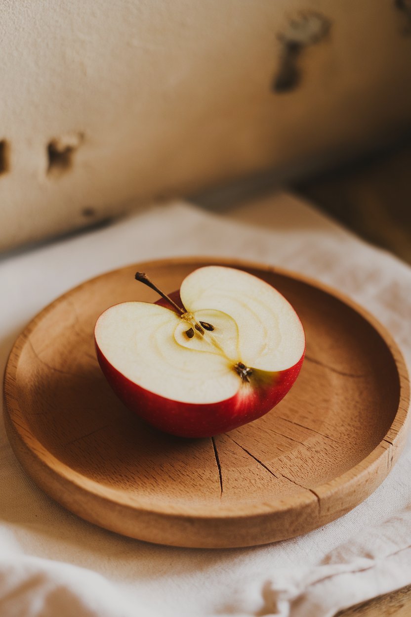 Photo of a sliced red apple with seeds showing on a wooden plate indoors, gentle side lighting, no text or logos