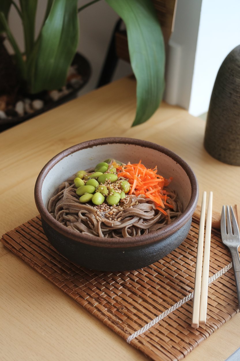 Photo prompt: Indoor dining table with a ceramic bowl of buckwheat soba noodles topped with shelled edamame, shredded carrots, and sesame seeds. No text or logos visible.