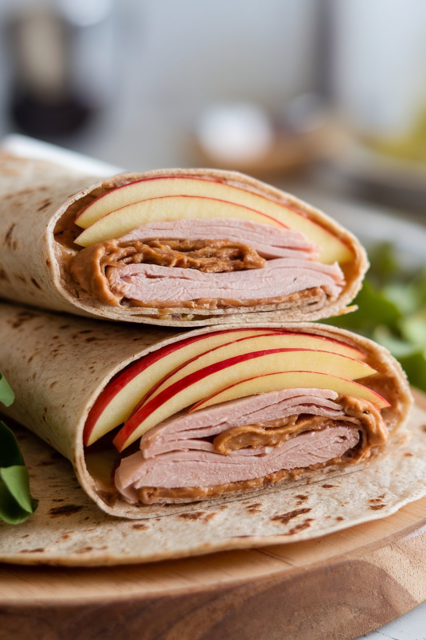 A close-up indoor photo of a sliced wrap featuring roasted turkey breast, thin Granny Smith apple slices, and a swipe of almond butter on a whole-grain tortilla. No logos or text visible.