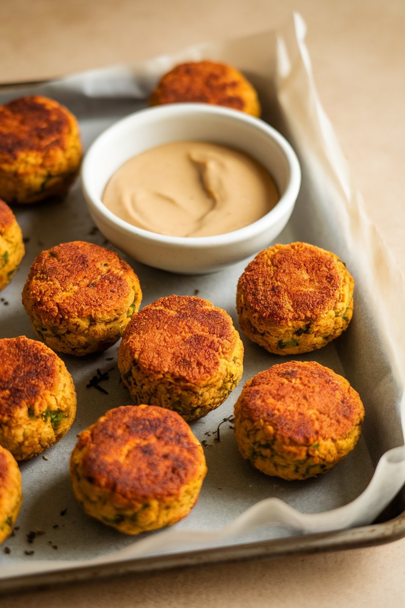 Photo of golden baked falafel on a parchment-lined tray with a side of tahini sauce, taken indoors with soft lighting. No text or branding.