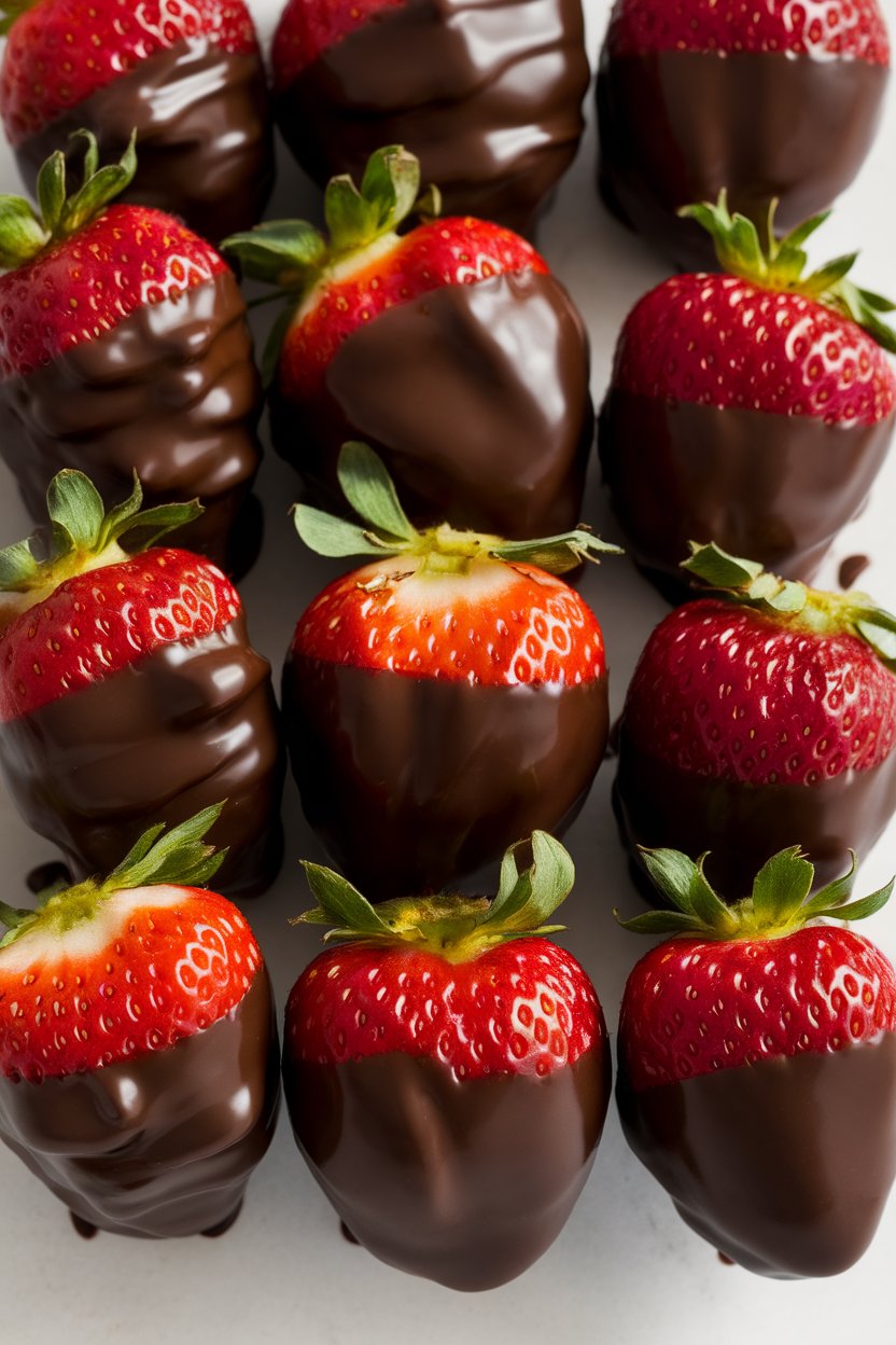 An indoor tray of red strawberries half-dipped in glossy dark chocolate, chocolate hardened. No text or logos. Photo, not illustration.