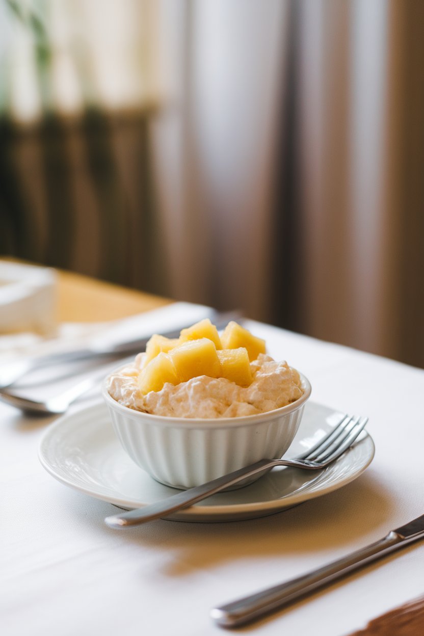 Photo of a small white bowl of cottage cheese topped with pineapple chunks on an indoor table, no text or logos