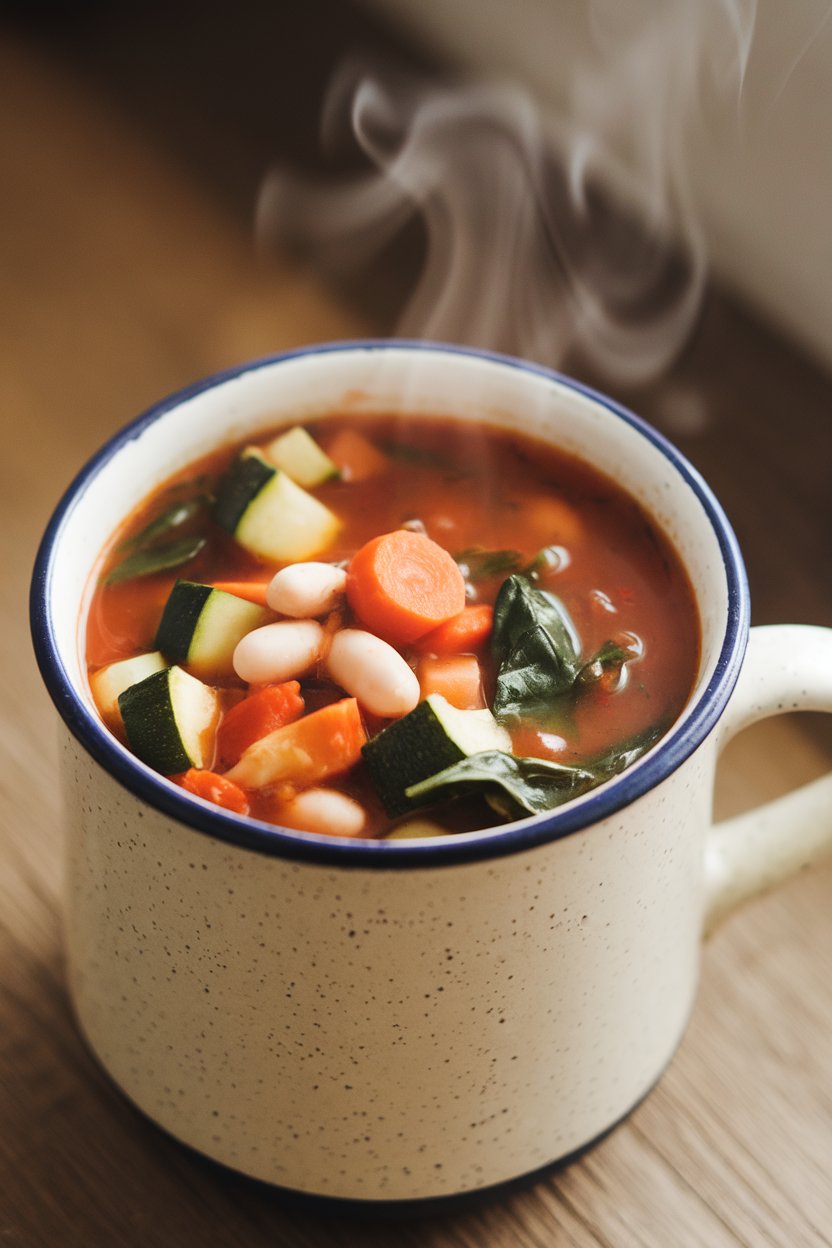 An indoor mug of red minestrone soup filled with diced zucchini, carrots, white beans, and spinach, steam wafting upward. No text or logos visible. Photo only.