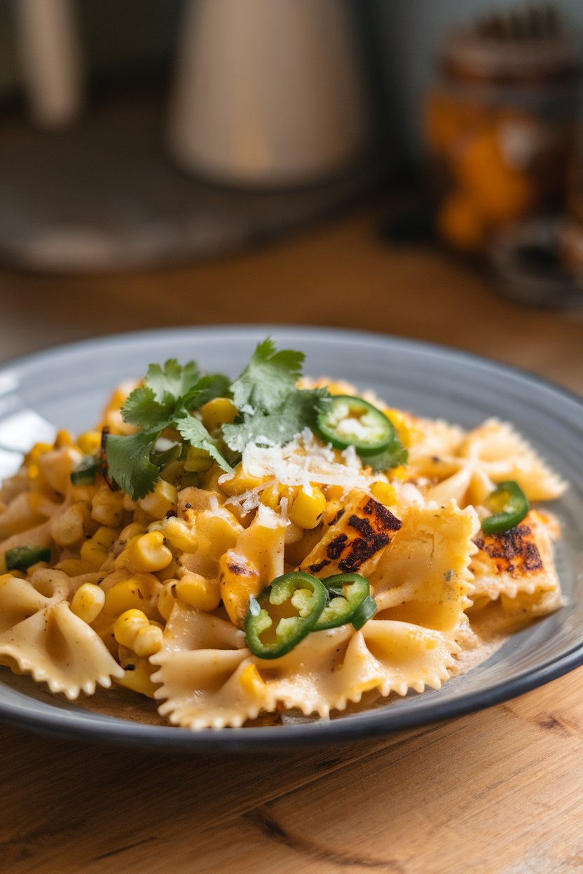 An indoor plate with bow-tie pasta, charred corn kernels, diced jalapeño, and cilantro; no text or logos.