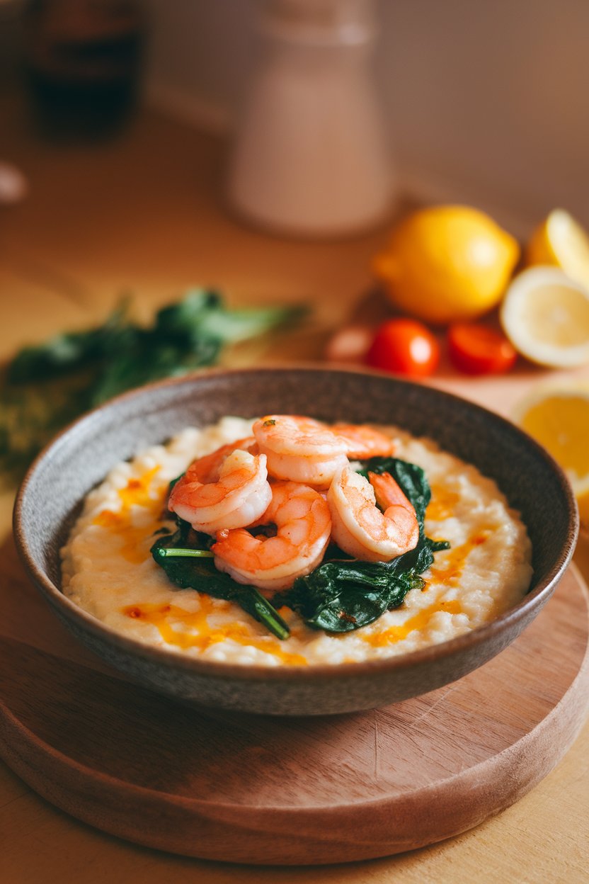 Indoor photo of a shallow bowl of cheesy grits topped with sautéed shrimp and wilted spinach, warm light, no text or logos