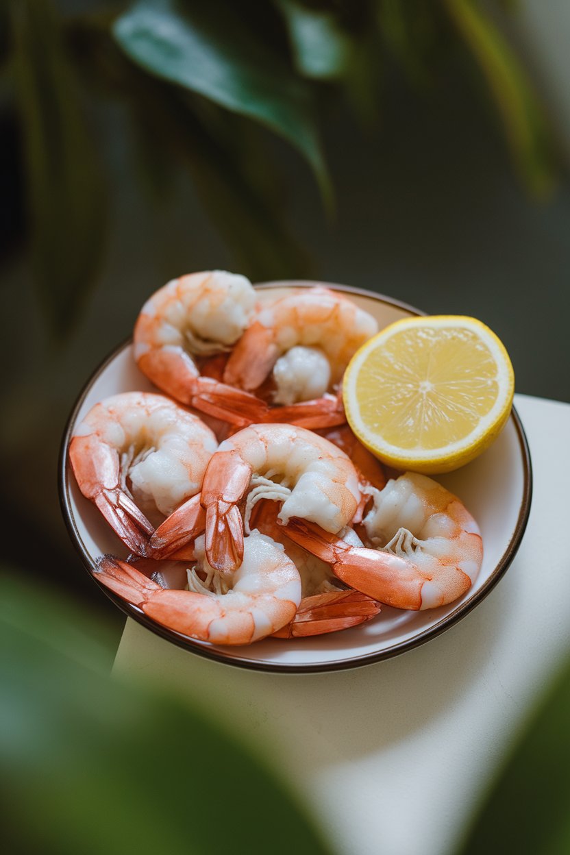 Photo of thawed cooked shrimp arranged on a small indoor plate with a lemon wedge, gentle overhead light, no text or logos