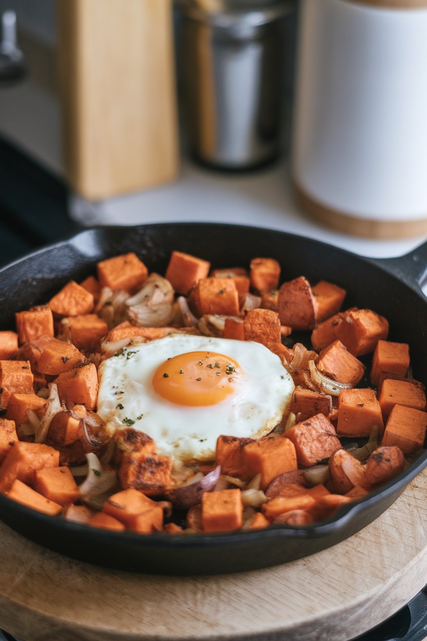 Indoor skillet photo of cubed sweet potatoes browned with onions and topped with a baked egg in the center. No logos or text.