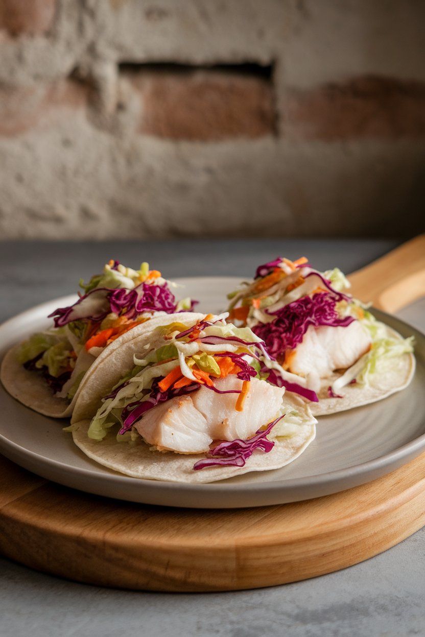 Photo indoors showing baked white fish tacos topped with multi-color cabbage slaw, on a neutral plate. No branding present.