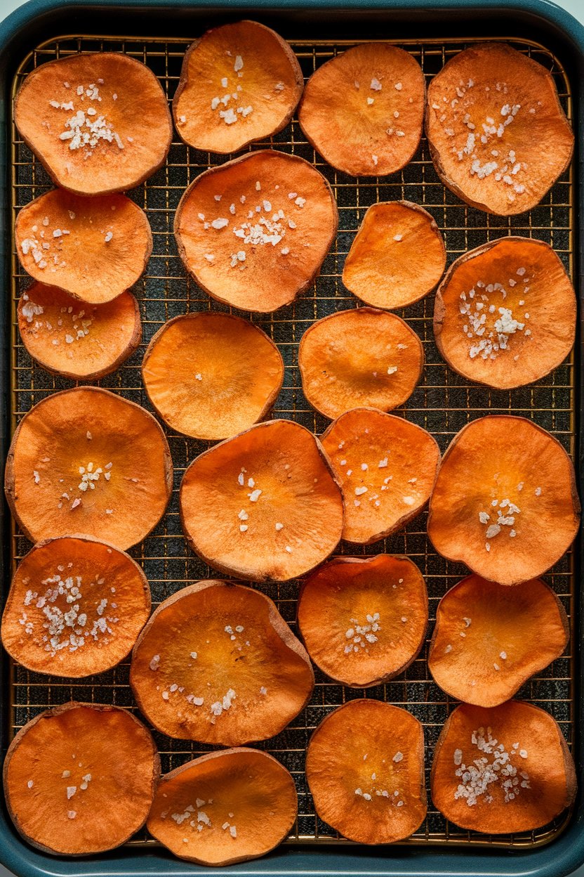 An indoor dehydrator tray holding thinly sliced sweet potato chips lightly seasoned with sea salt, fully cooked. No text or logos.