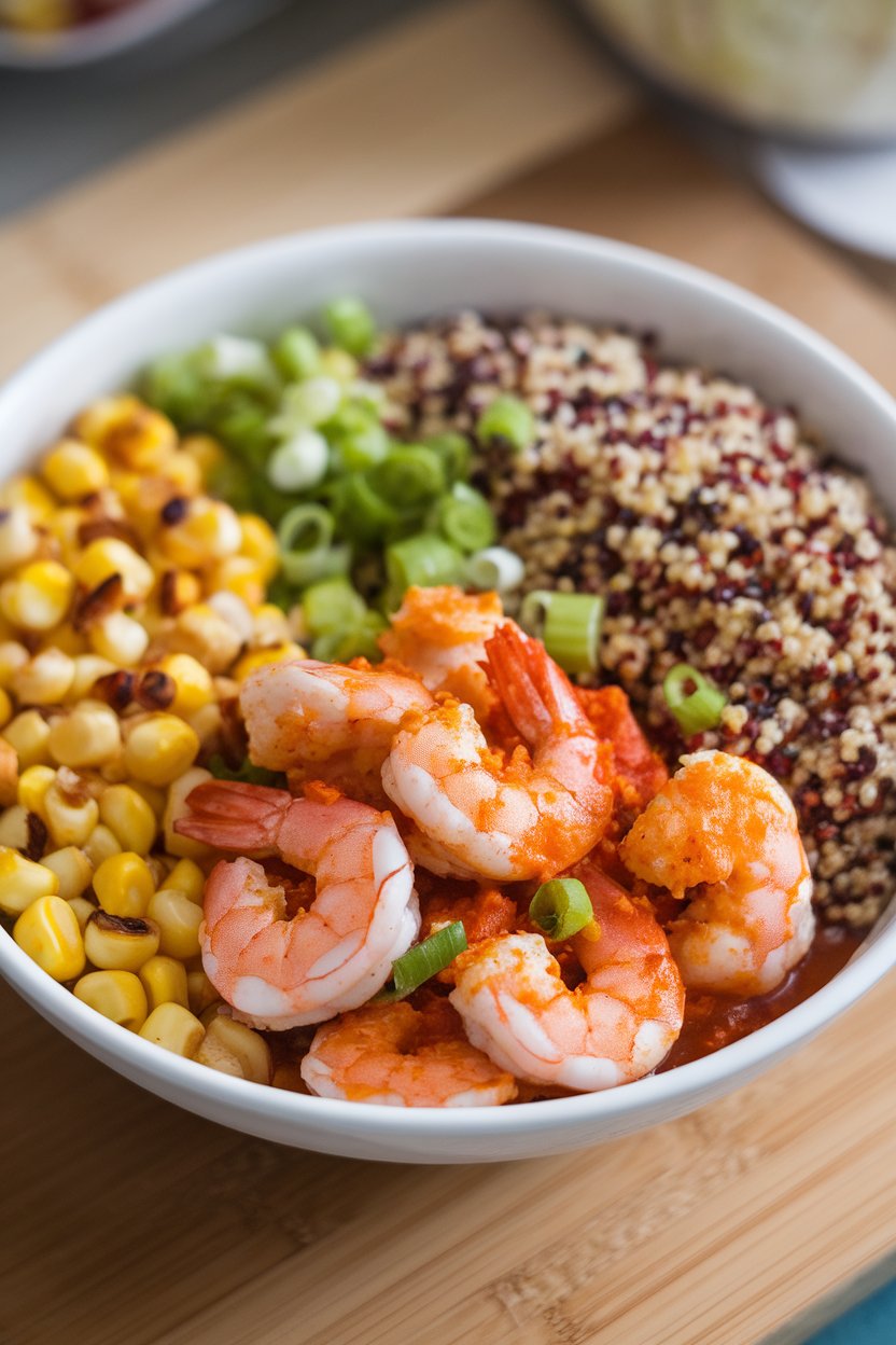 Indoor photo of spiced shrimp, roasted corn kernels, tri-color quinoa, and scallions in a bowl. No text or logos.