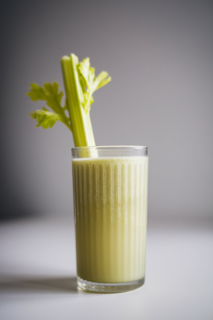 A photo of a narrow glass indoors, containing pale green juice, celery stalk garnish, no text or logos.