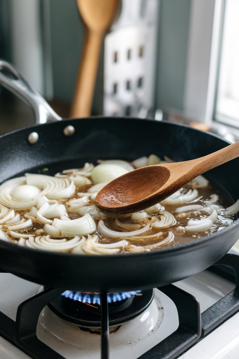 An indoor skillet with onions sizzling in vegetable broth, a wooden spoon stirring gently. No text or logos on cookware.