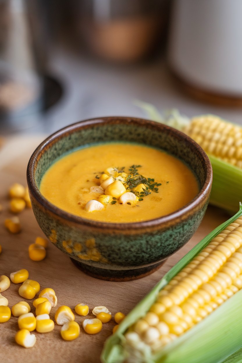 A small indoor bowl of creamy yellow sweet corn soup with a few whole kernels floating on top; no text or logos.