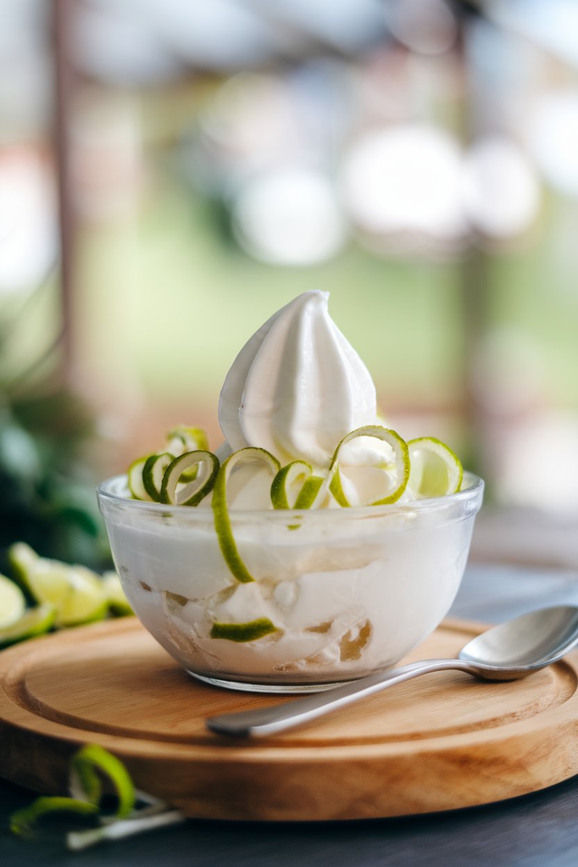 Indoor photo of a bowl of coconut lime frozen yogurt topped with lime zest curls. No text or logos.