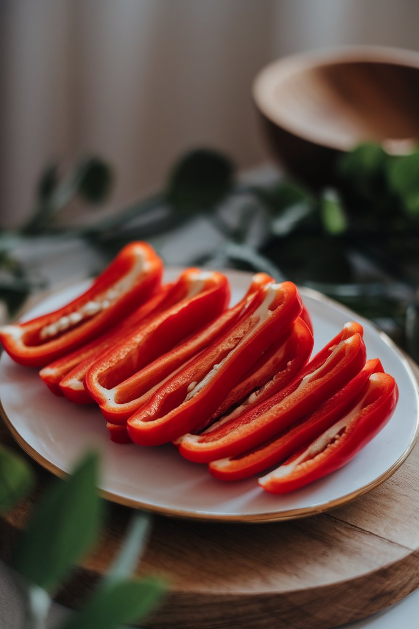 Photo of sliced red bell pepper strips arranged on an indoor white platter, soft diffuse lighting, no text or logos