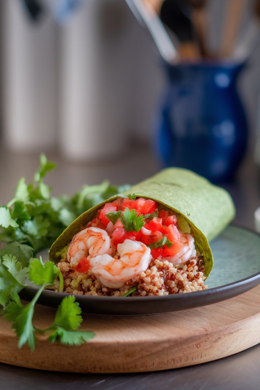 Indoor plate presenting a wrap filled with sautéed shrimp, fluffy quinoa, and pico de gallo, all on a spinach tortilla. No logos or writing.
