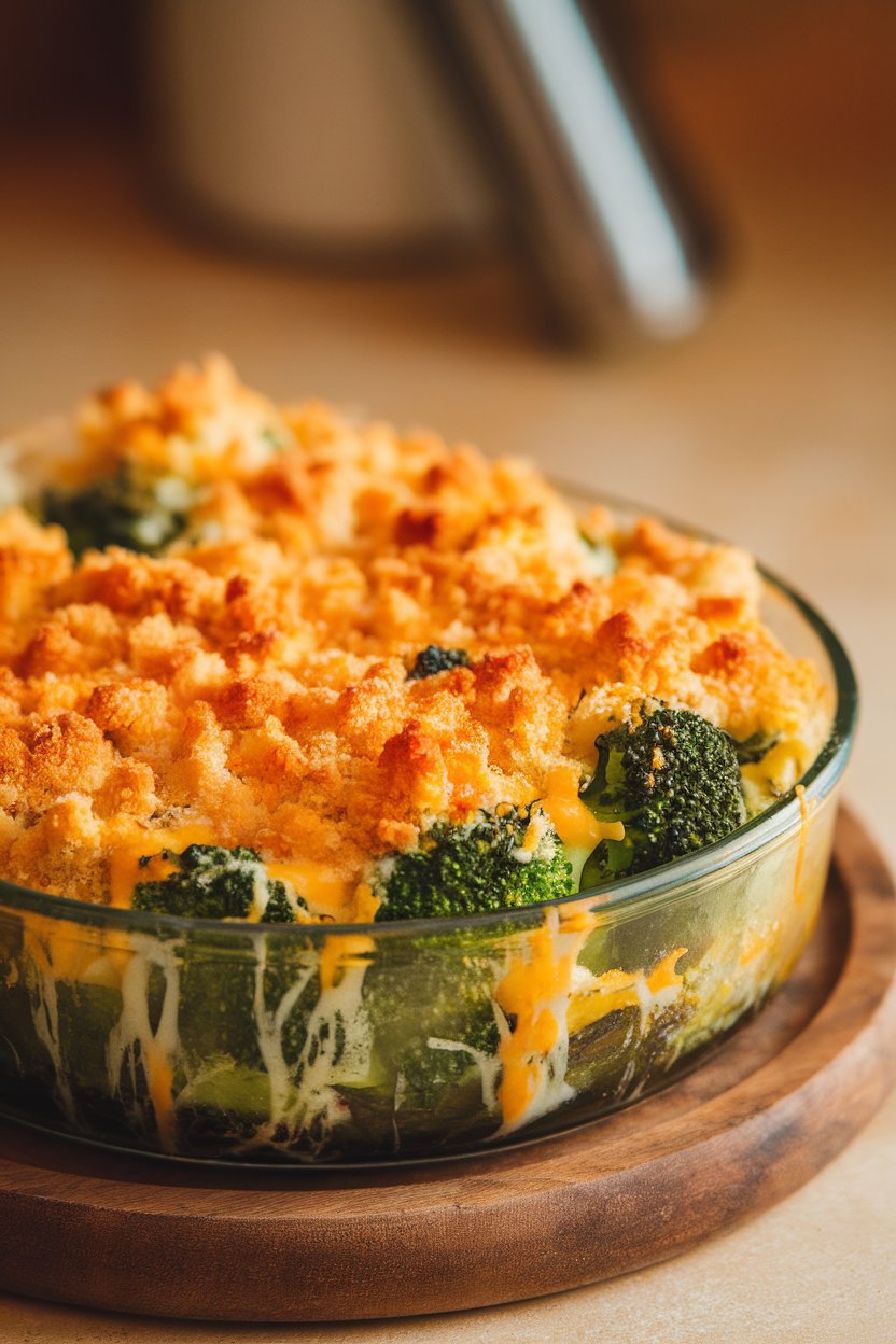 Indoor casserole of broccoli florets covered in melted cheddar, breadcrumbs sprinkled on top, edges browned. No text or logos. Photo only.