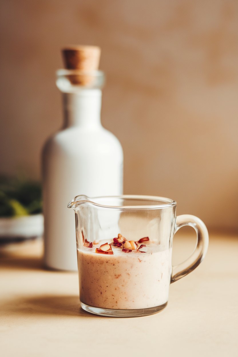 Indoor scene with a small glass pitcher of pale white balsamic shallot dressing, minced shallots and a white balsamic bottle in the background turned away. Photo, not illustration. No text or logos.