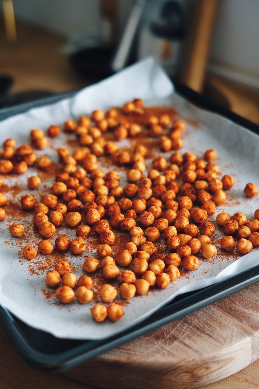 Photo — A baking sheet indoors holding crispy roasted chickpeas seasoned with paprika, cooling on parchment. No text or logos.