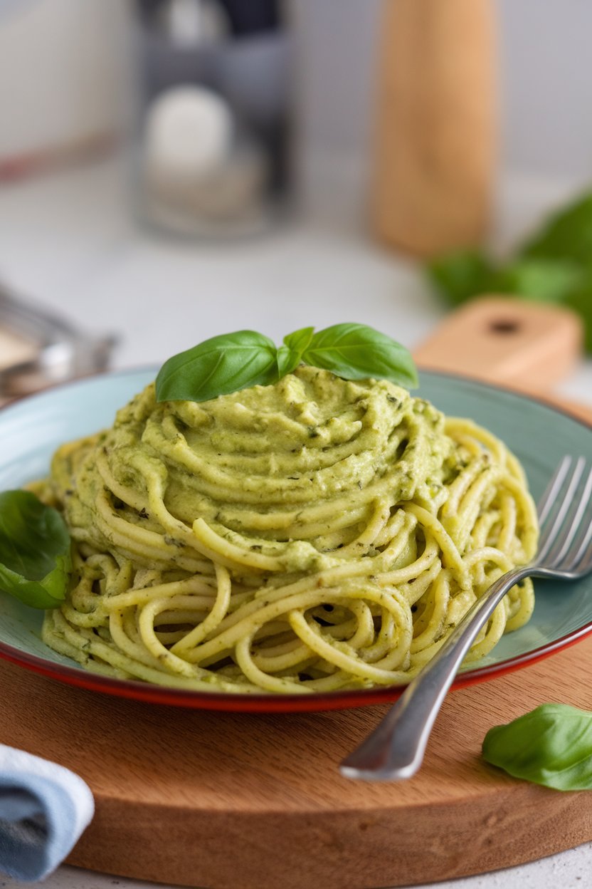Photo of an indoor plate of spaghetti coated in vibrant green avocado sauce, garnished with basil; no text or logos
