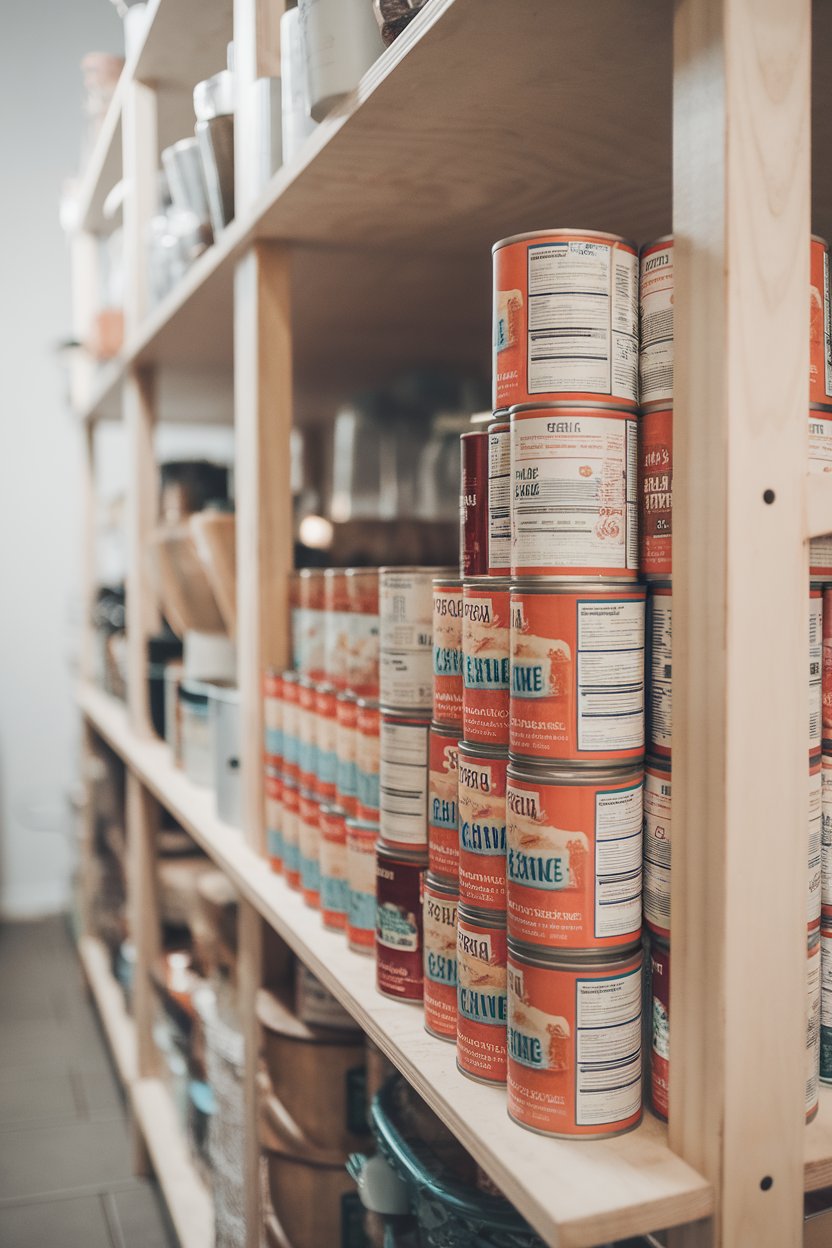 Pantry shelf with canned chickpeas, tomato puree, and tuna stacked neatly, labels turned away.