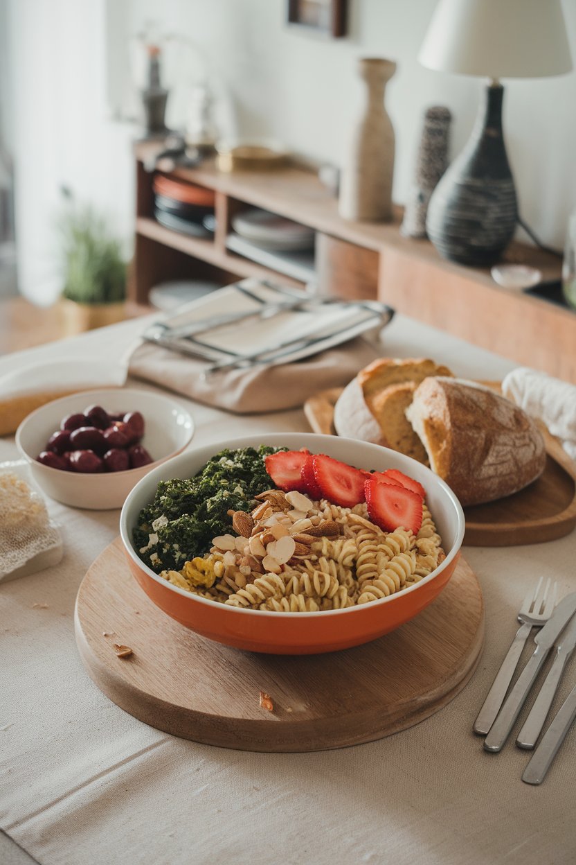 An indoor dining table with a colorful bowl of fusilli, shredded kale, sliced strawberries, and almonds; no text or logos.