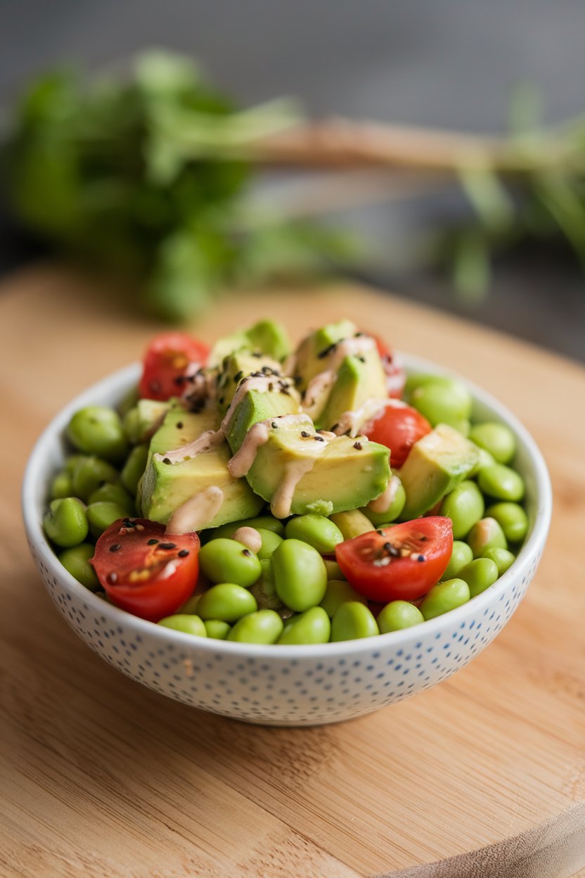 Indoor photo of a small salad bowl with shelled edamame, diced avocado, cherry tomatoes, and sesame vinaigrette, no text or logos.