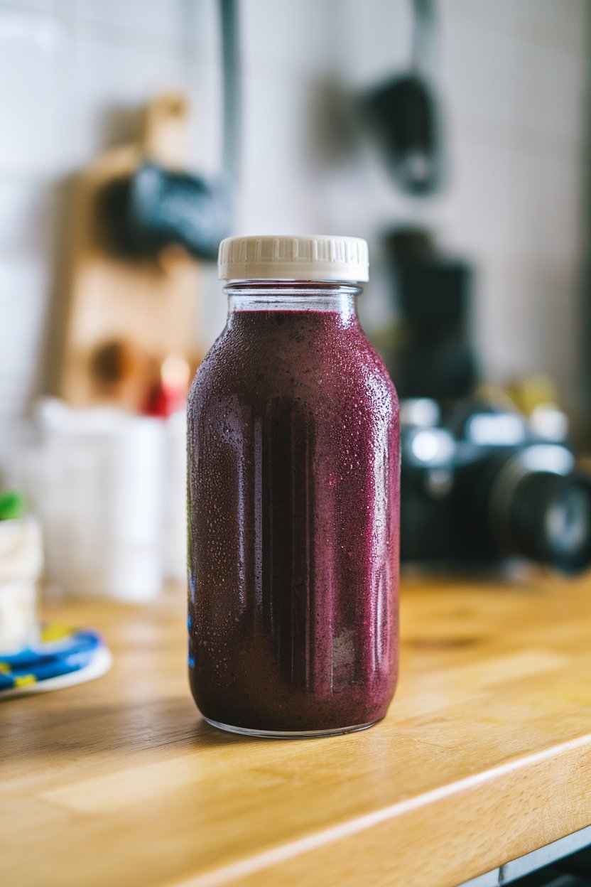 An indoor countertop shot of a reusable bottle filled with a deep purple berry-spinach smoothie, condensation on the outside, no text or logos.