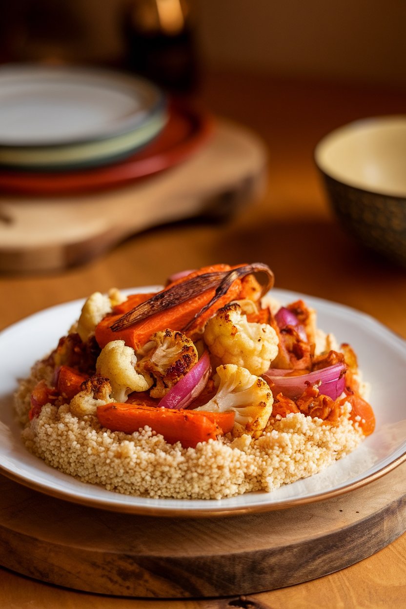 Indoor photo of couscous topped with roasted carrots, cauliflower, and red onion coated in harissa. No text or logos.