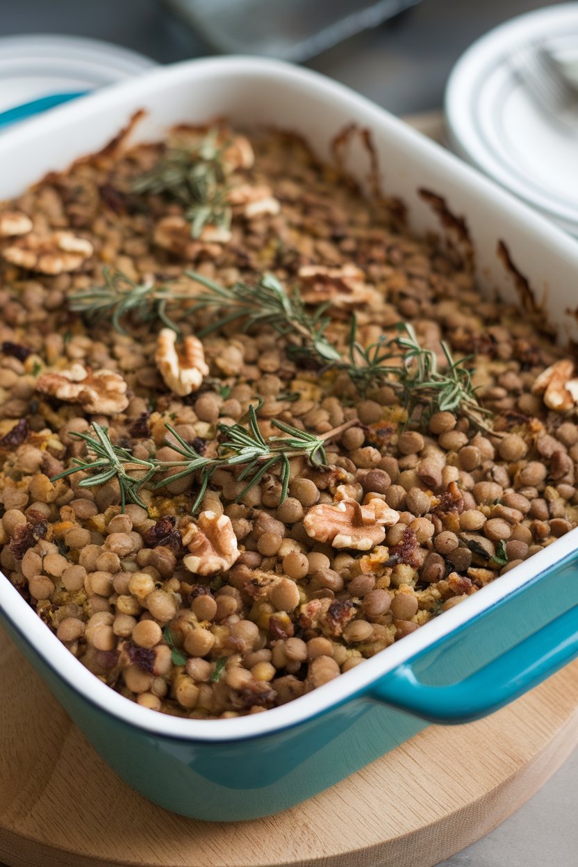 An indoor casserole dish filled with savory lentil stuffing dotted with walnut pieces and fresh herbs. No text or logos.