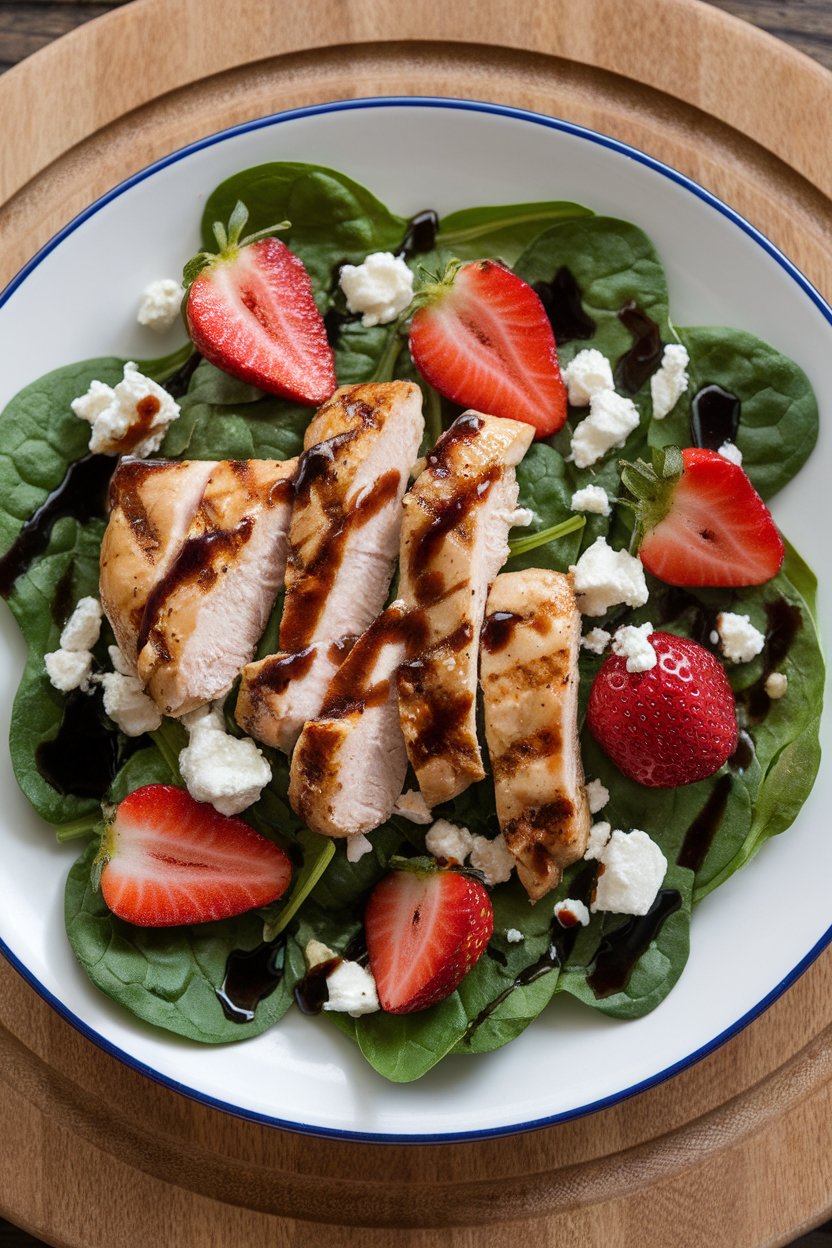 An indoor plate of baby spinach topped with grilled chicken strips, fresh strawberry slices, goat cheese crumbles, and balsamic drizzle; no text or logos; photo.