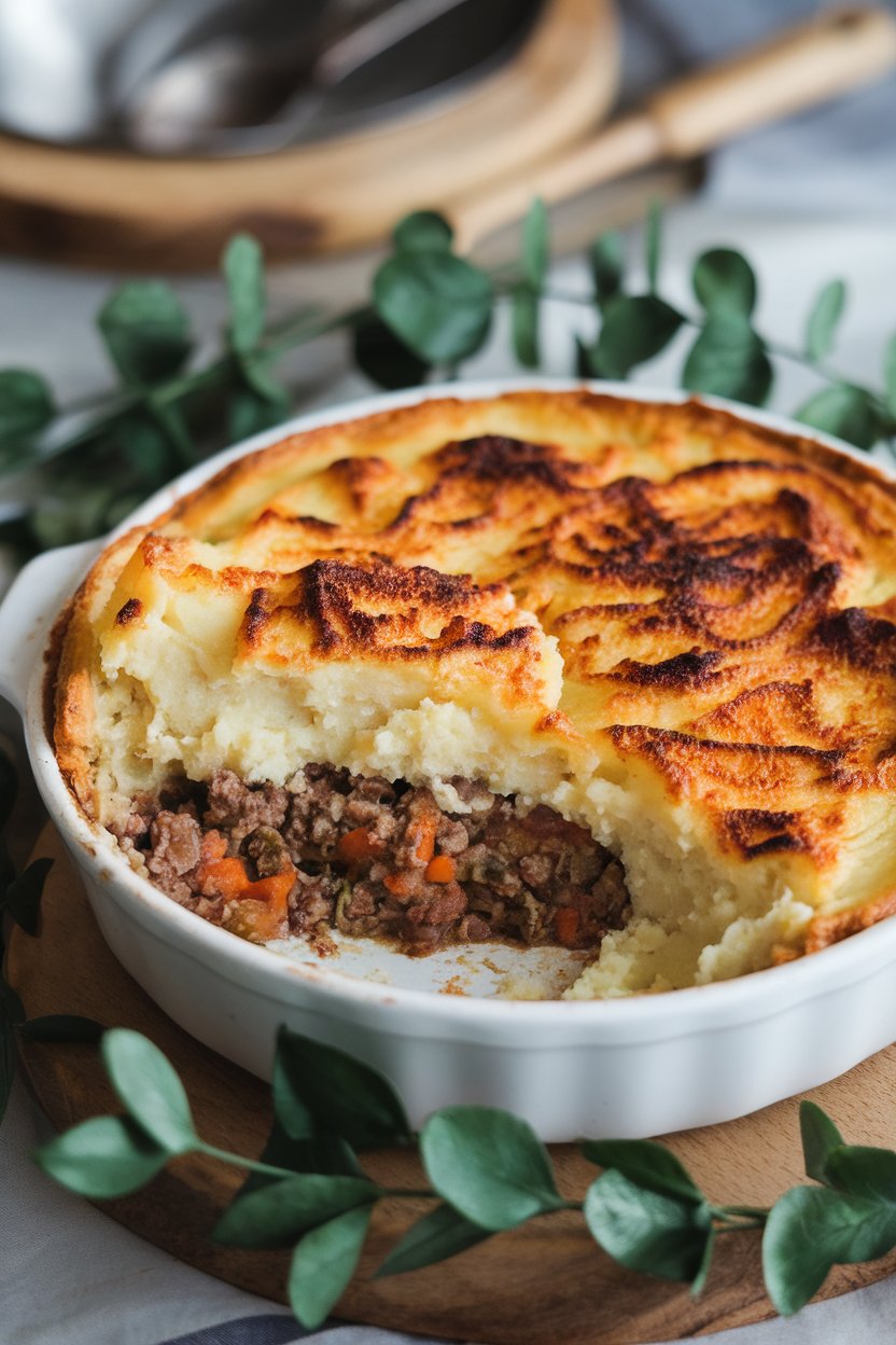 Indoor photo of a baking dish of cottage pie with browned mashed potato topping scooped to reveal beef and vegetable filling, no text or logos.