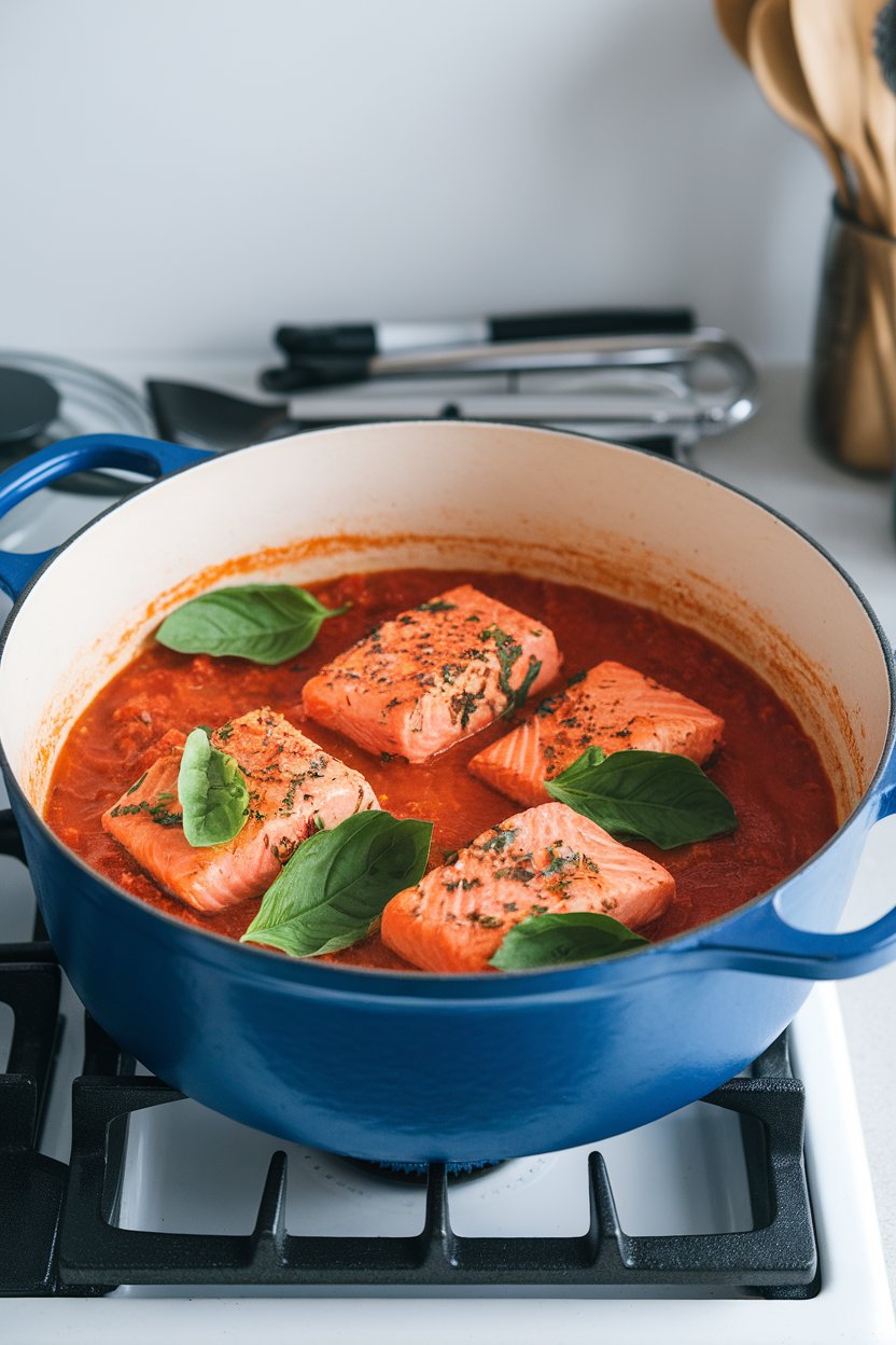 An indoor stovetop Dutch oven displaying salmon fillets simmered in a tomato-coconut sauce with basil leaves floating on top. No brand names present.