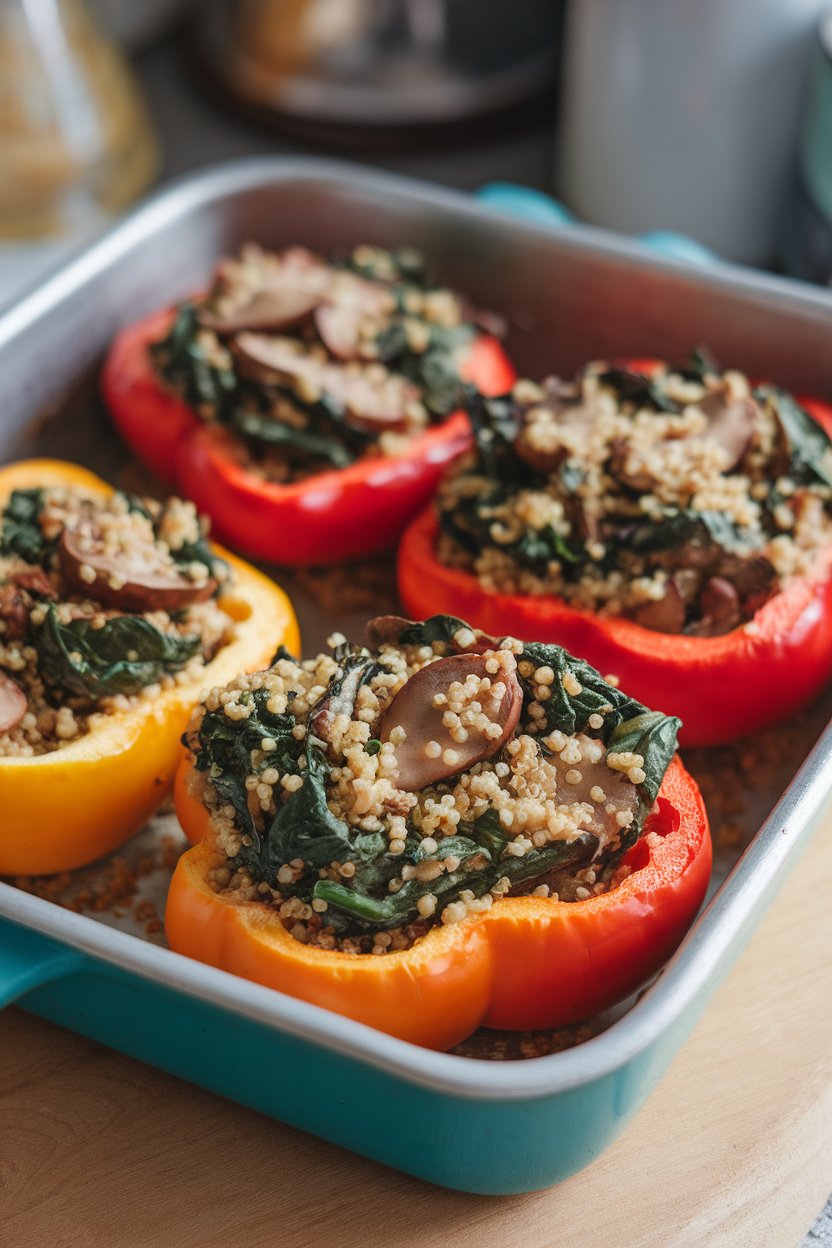 An indoor baking dish holding bell pepper halves filled with spinach, mushrooms, and quinoa, just out of the oven; photo only, no text or logos.