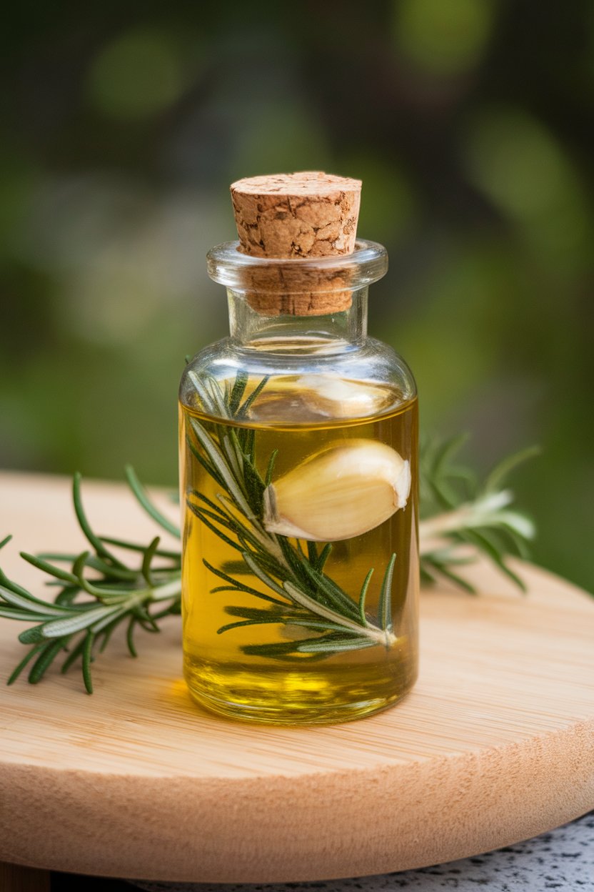 Indoor photo of a small glass bottle filled with olive oil, sprigs of rosemary, and garlic cloves floating inside; no text or logos.