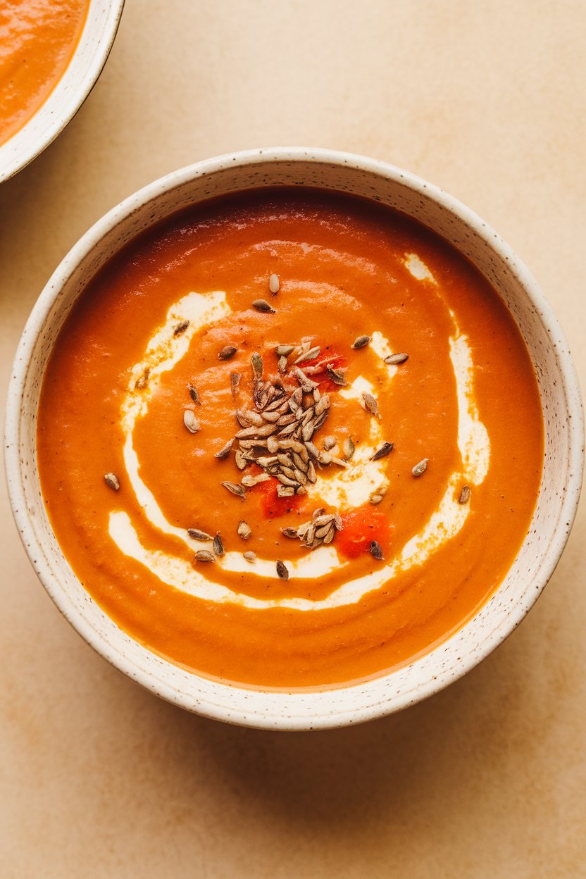 Indoor photo, side angle, bright orange carrot red pepper soup dotted with cumin seeds, in a simple bowl; no text or logos