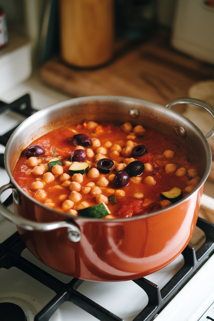 Indoor photo of a pot of tomato-based chickpea stew with zucchini and olives; stovetop lighting, no text or logos