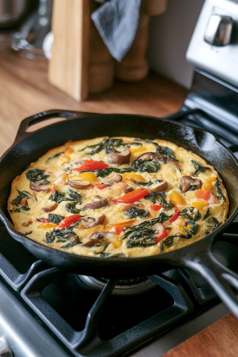 A cast-iron skillet on an indoor stovetop holding a golden frittata studded with spinach, bell peppers, and mushrooms; no text or logos; photo.
