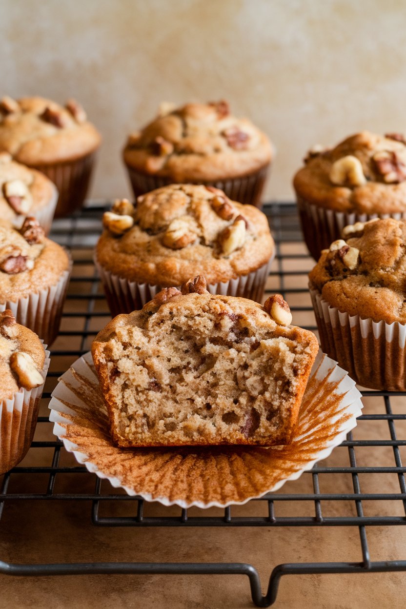 Indoor photo of several banana nut muffins on a cooling rack, one broken open to show moist crumb, no text or logos.