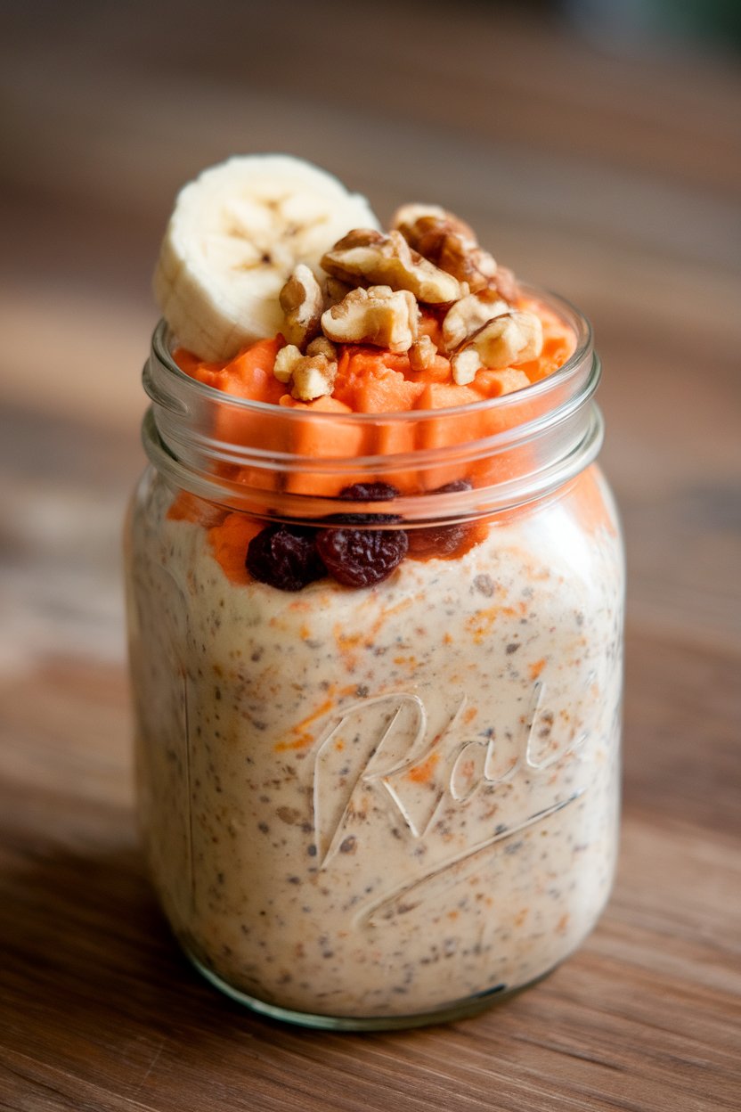 Indoor photo of a mason jar filled with carrot-speckled overnight oats, topped with crushed walnuts. No text or logos.