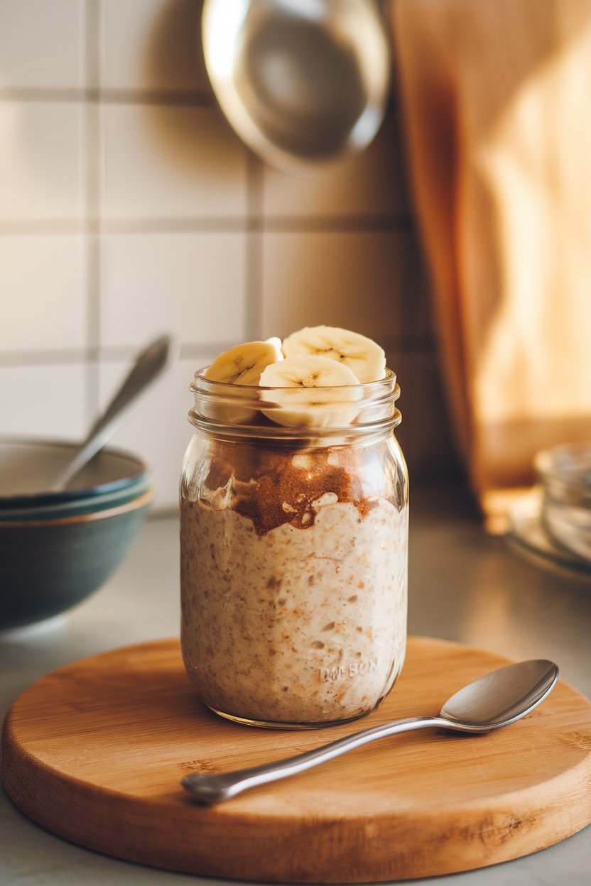 An indoor kitchen counter scene featuring a mason jar layered with cinnamon-speckled overnight oats and fresh banana slices on top, shot at a slight overhead angle. Warm morning light, no text or logos visible. Photo, not illustration.