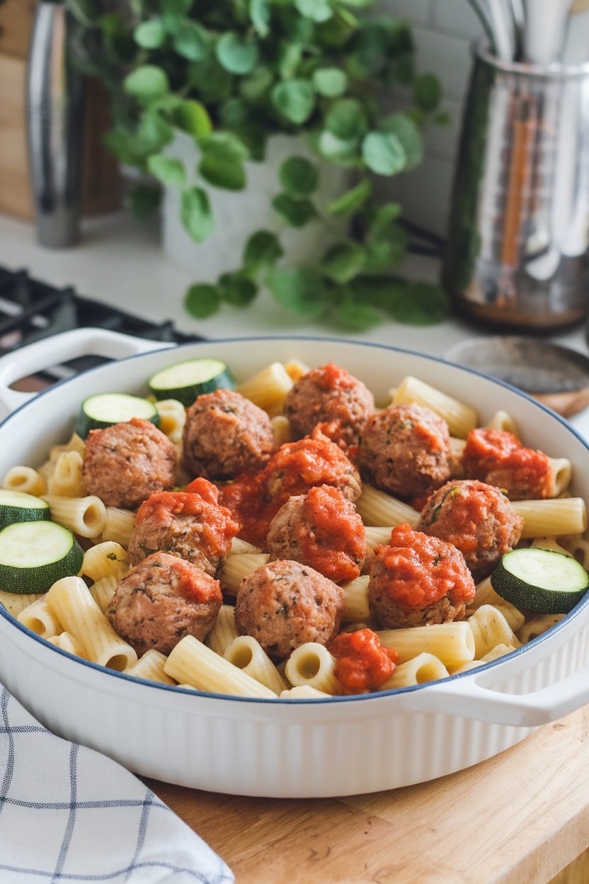 Indoor kitchen scene featuring rigatoni with mini turkey meatballs, zucchini rounds, and a light tomato basil sauce. No text or logos.