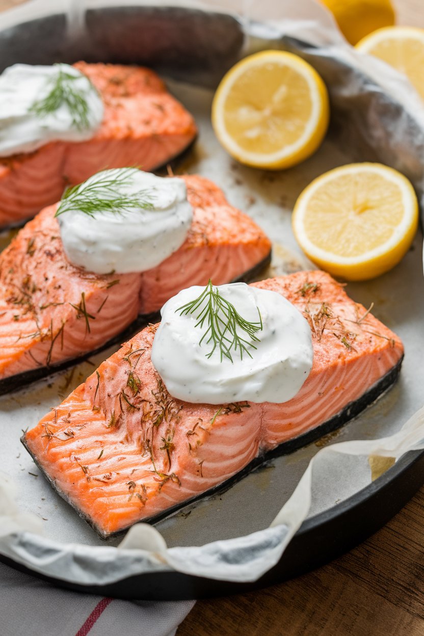 Indoor photo of a parchment-lined pan holding cooked salmon fillets topped with creamy dill yogurt, lemon rounds nearby. No text or logos.