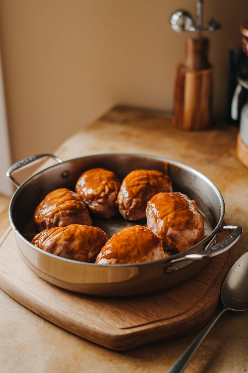 A small roasting pan on a dining table holding turkey tenderloins coated in a shiny maple-mustard glaze, indoor lighting; no text or logos, photo only