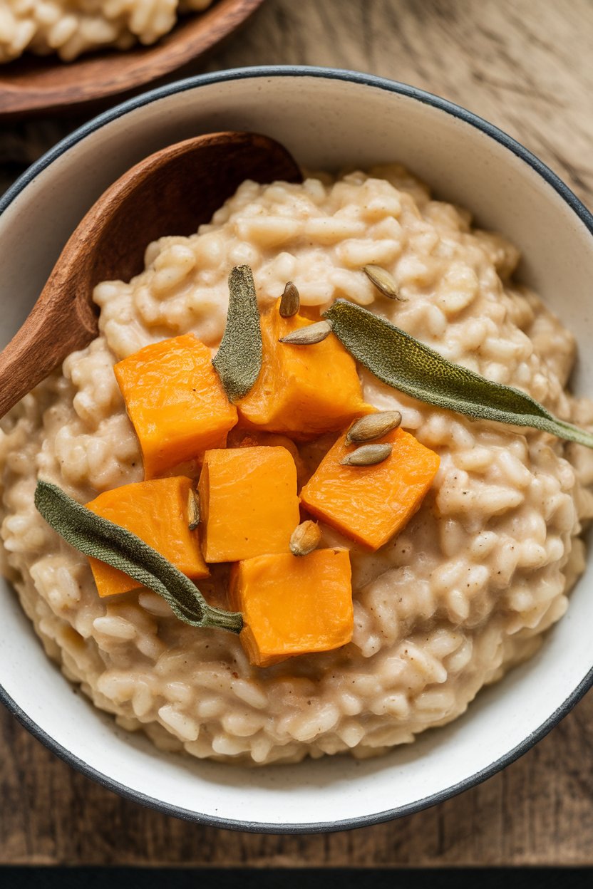Indoor photo of a creamy bowl of brown-rice risotto with cubes of roasted butternut squash and sage ribbons. No text or logos.