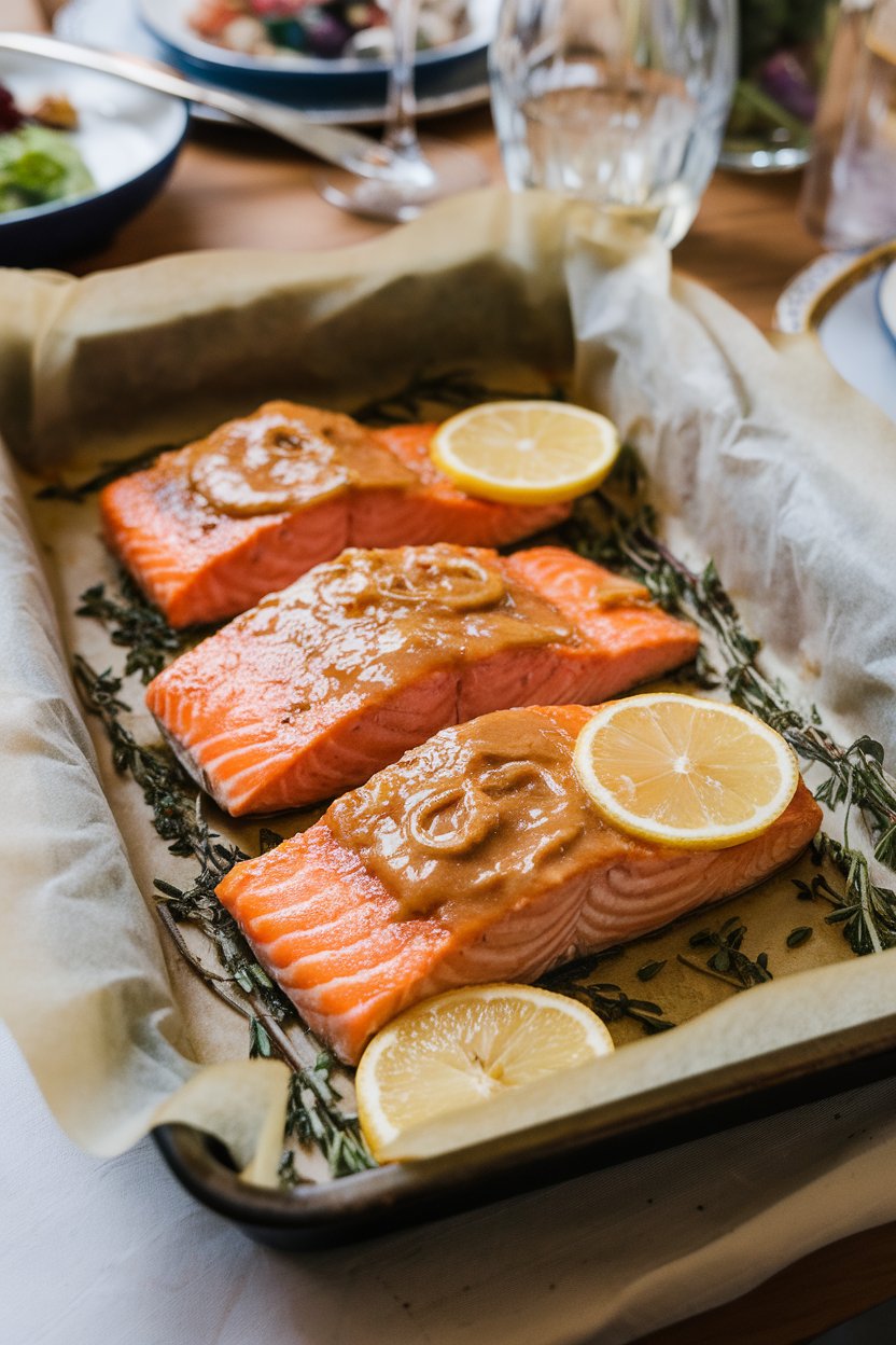 A parchment-lined baking dish on an indoor dinner table showing cooked salmon fillets brushed with a glossy Dijon-mustard glaze and a few lemon slices; photo, no text or logos.