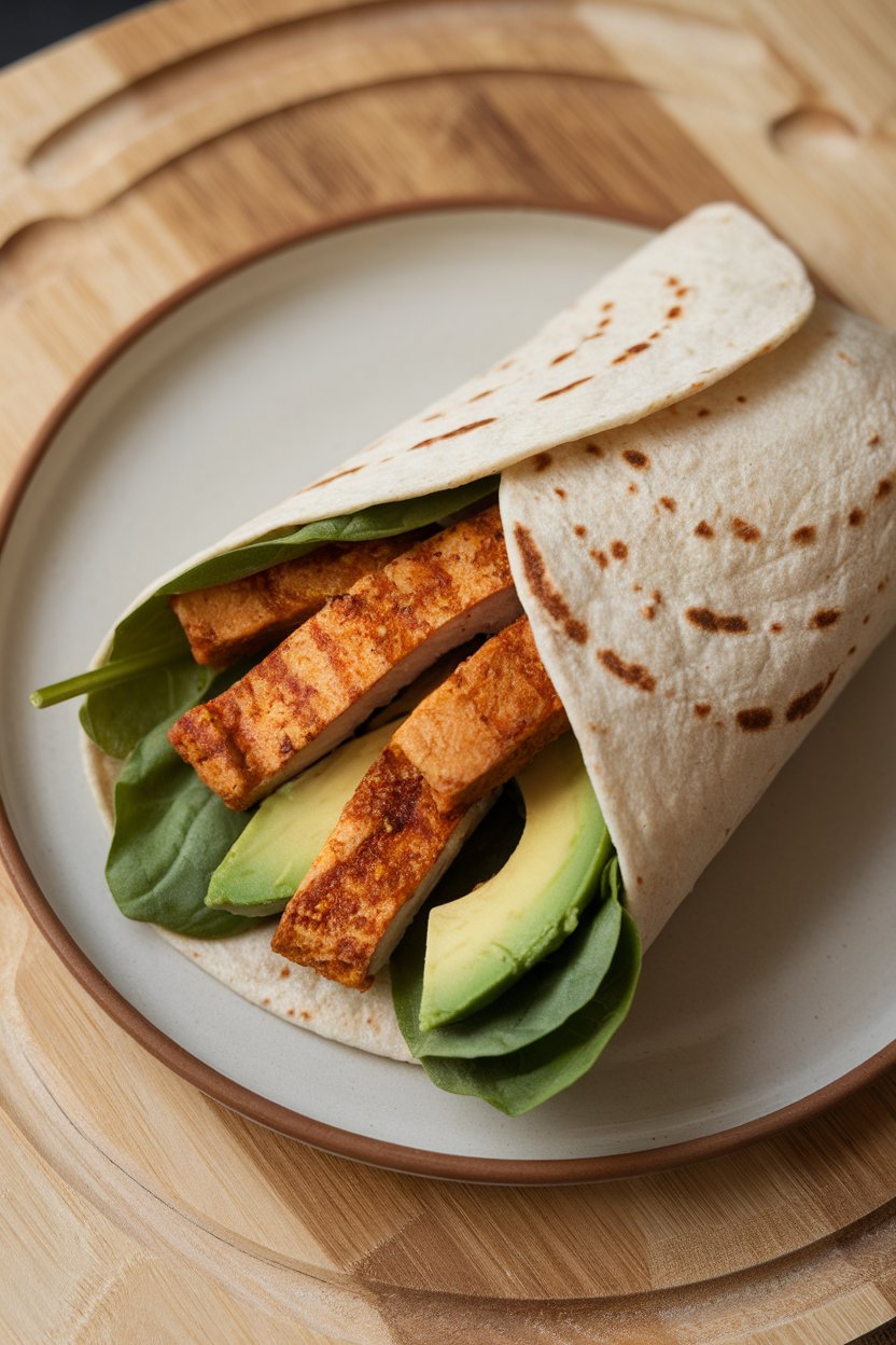 Indoor plate showing a wrap stuffed with smoked paprika tempeh strips, avocado slices, and baby spinach. No logos in sight.
