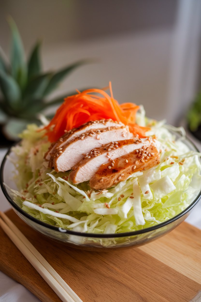 An indoor salad plate with shredded cabbage, sliced chicken breast, carrot ribbons, and sesame seeds, light soy dressing glistening. No text or logos. Photo.