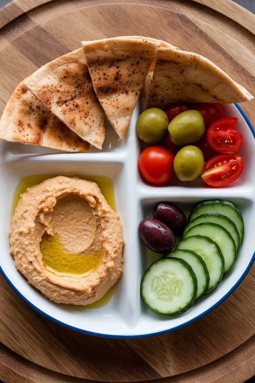 Indoor photo of a divided plate featuring a scoop of hummus drizzled with olive oil, sliced cucumbers, cherry tomatoes, olives, and whole-grain pita triangles. No text or logos.